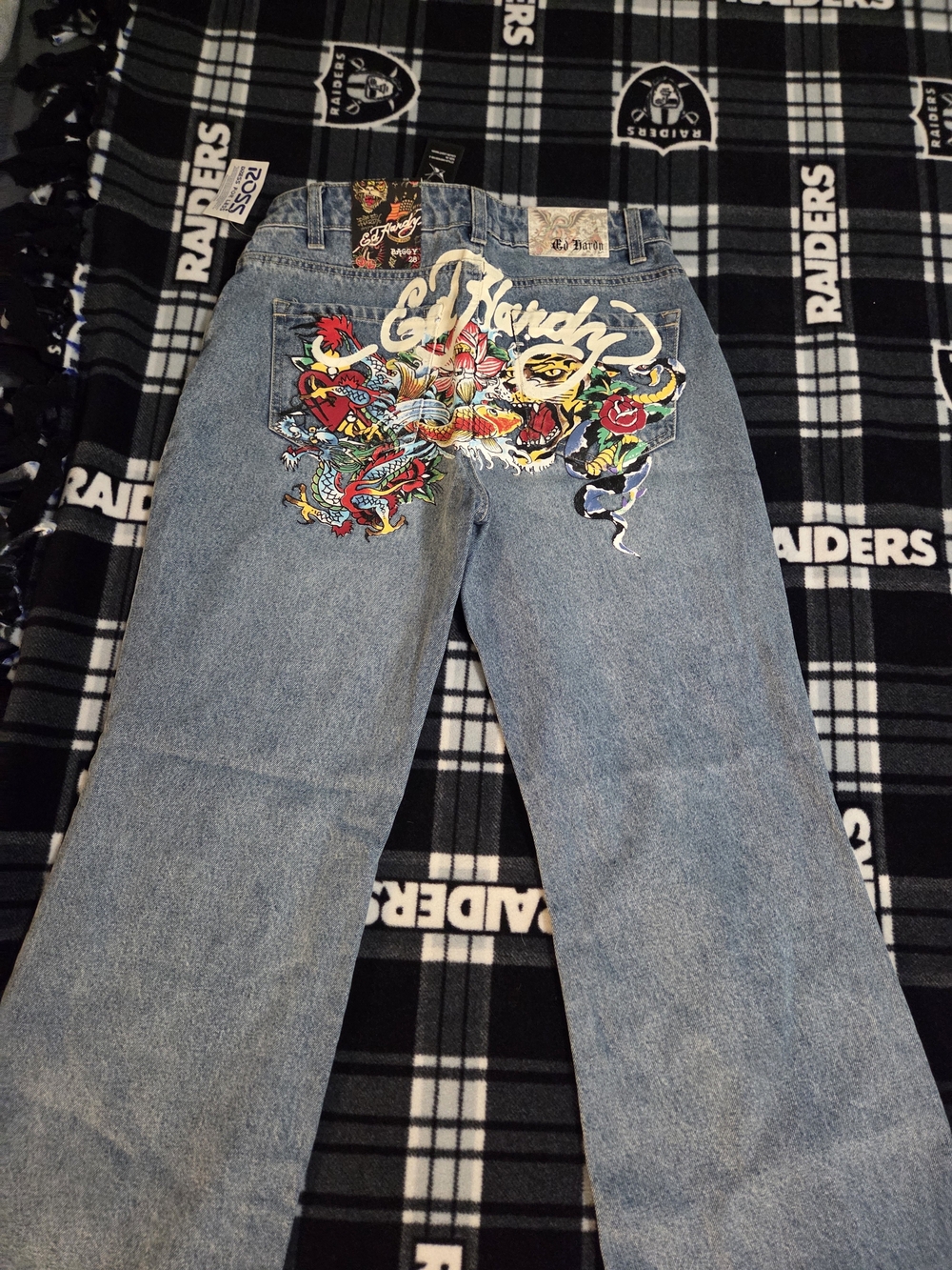 Ed Hardy Light Blue Straight-Leg Jeans with Colorful Embroidered Back